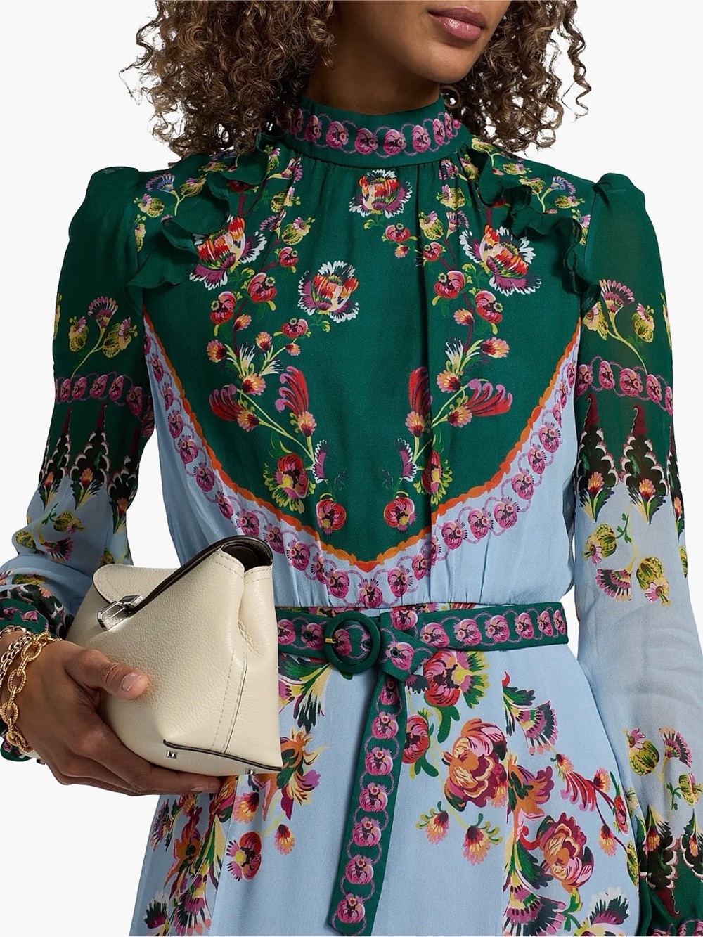 SALONI Two-Tone Floral High-Neck Long Sleeve Maxi Dress in Green and Light Blue - Picture 6 of 6